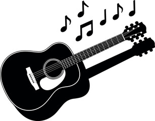 Fototapeta premium Classic Acoustic Guitar Silhouette Vector Illustration Featuring Floating Music Notes for Live Concert Festival Branding Concept