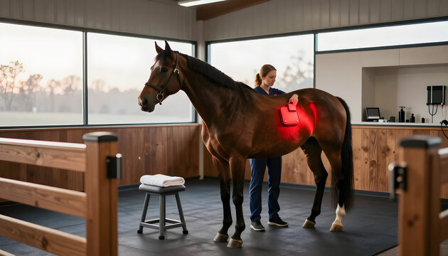 Wide shot of a calm, athletic brown Thoroughbred horse standing gracefully while an equine therapist applies an active red-light therapy panel.