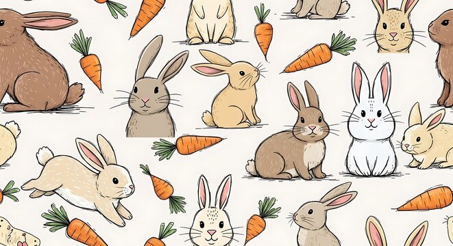 A whimsical pattern of rabbits and carrots on white background