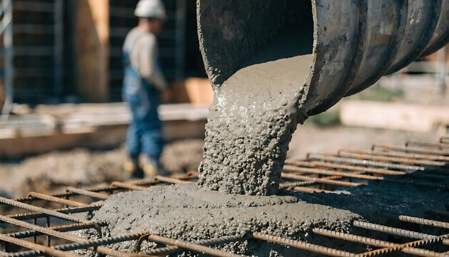 Construction worker pouring fresh concrete on brick pavement. Skilled laborer smoothing wet cement for durable sidewalk installation.