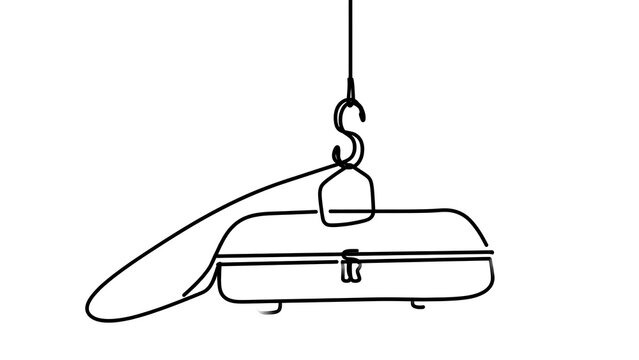Illustration of a suitcase hanging from a hook white background.