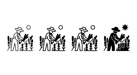 Fototapeta premium Farmer Harvesting Lavender Icons, Agricultural Worker Silhouette, Organic Farming Symbols, Rural Life Vector Set