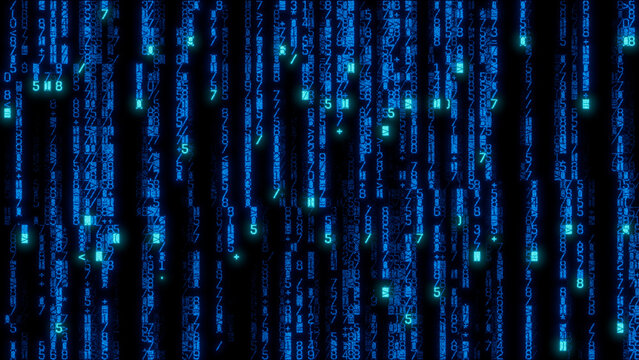 Intricate pixelated digital artwork with a dense network of interconnected blue and green lines and shapes on a black background, ideal for technology themes and data visualization