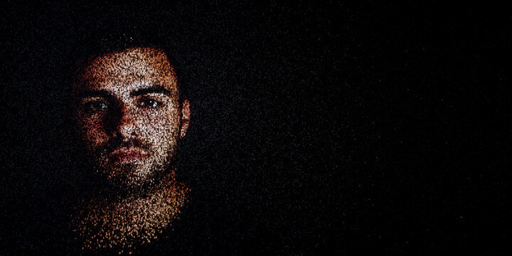 Digital ID Portrait of Man with Face made up of Data. Credential management Concept with copy-space.