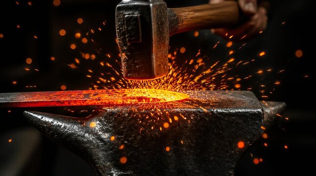 Blacksmith hammering glowing hot metal on anvil with flying sparks
