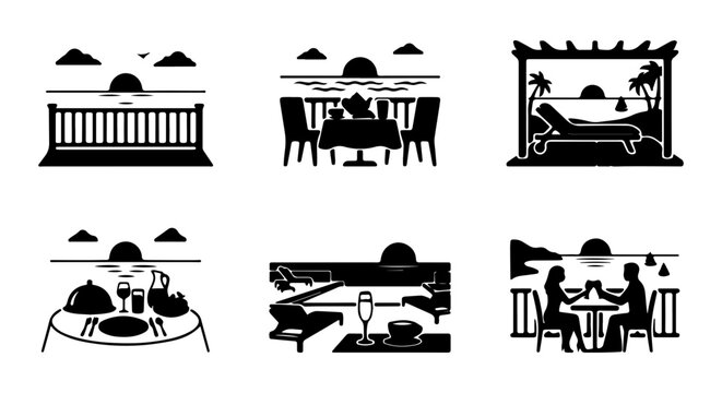 Luxury Resort Dining Icons, Sunset Beach Restaurant Vector Set, Romantic Evening Ambiance