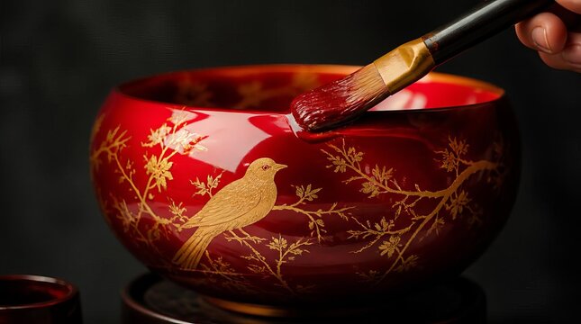 Artisan hand painting traditional Japanese lacquerware bowl with bird design