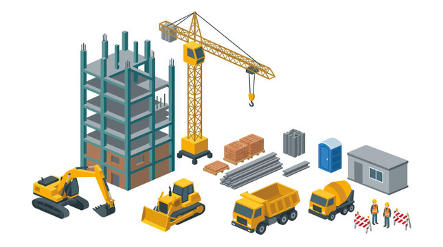 Isometric Illustration of a Building Under Construction with Heavy Machinery