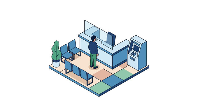 Isometric Illustration of a Man at a Bank Customer Service Counter