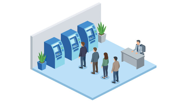 Isometric vector illustration of people queuing for bank ATM machines
