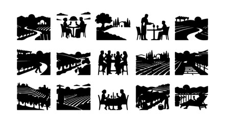 Obraz premium Vineyard Landscape Silhouettes, Wine Tasting Scenes, Rural Countryside Icons