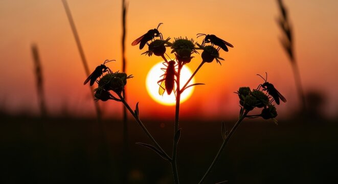Insects silhouetted on a plant against a vibrant sunset