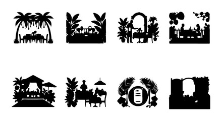 Fototapeta premium Elegant Silhouette Scenes: Tropical Dining, Garden Parties, Romantic Dinners, Outdoor Events