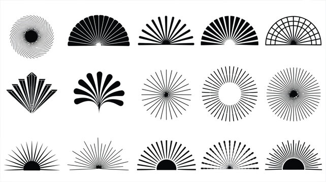 Art deco sunburst and fan shape vector set with black geometric sunbeams, vintage radial bursts, and half circle ornaments.