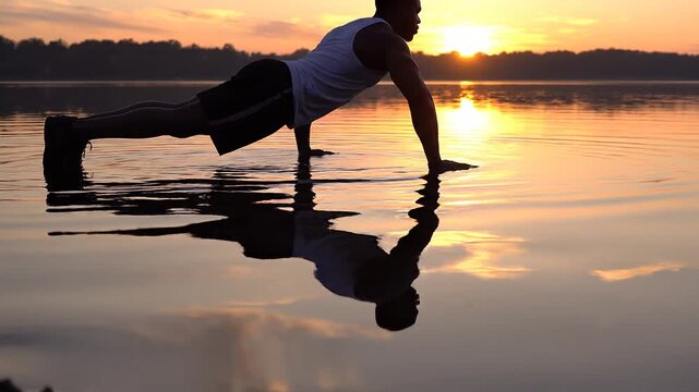 Athlete performing push ups in calm lake at sunrise, building upper body strength, endurance and mental focus during intense outdoor fitness training with stunning reflections.