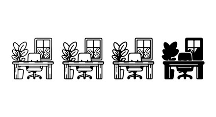 Obraz premium Minimalist Office Desk Setups, Line Art & Silhouette Icons, Home Workspace Design Elements
