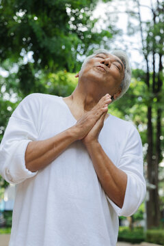 Relaxed happy refreshing old retired senior Asian man taking a deep breath of clean unpolluted air in urban park, good summer, summer wellness, sunlight exposure concept image
