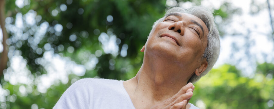 Relaxed happy refreshing old retired senior Asian man taking a deep breath of clean unpolluted air in urban park, good summer, summer wellness, sunlight exposure concept image