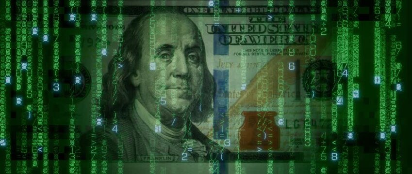 Digital Cash Concept with One Hundred Dollar Bill made up of Animated Numbers and Symbols. Cryptocurrency Finance Wallpaper.