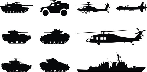 Obraz premium Military Vehicle Silhouette Set with Tanks Helicopters Aircraft and Naval Warship Icons