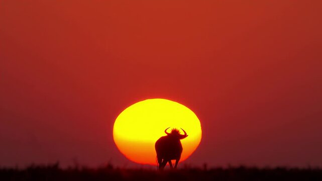 Silhouette of wildebeest grazing against a vibrant African sunset sky