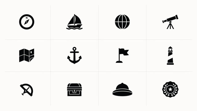 Twelve minimalist black and white icons representing adventure with high contrast grid twelve distinct icons symbolizing adventure exploration through universally