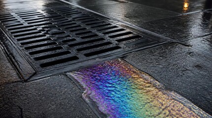 Obraz premium Urban street drain with colorful oil slick on wet asphalt after rain