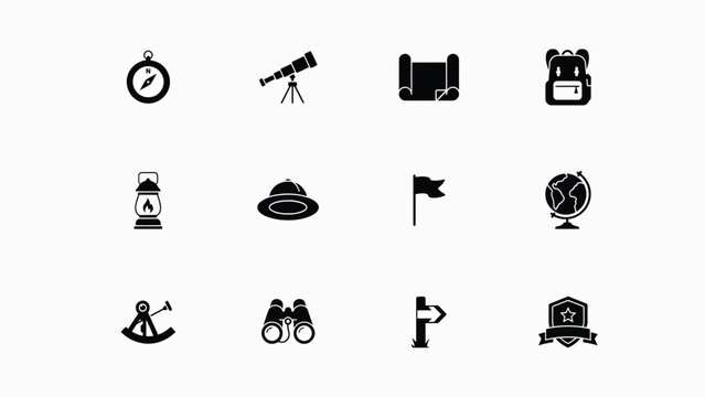 Minimalist black icons set with flat design collection nine black silhouette icons representing classic exploration navigation tools against neutral background