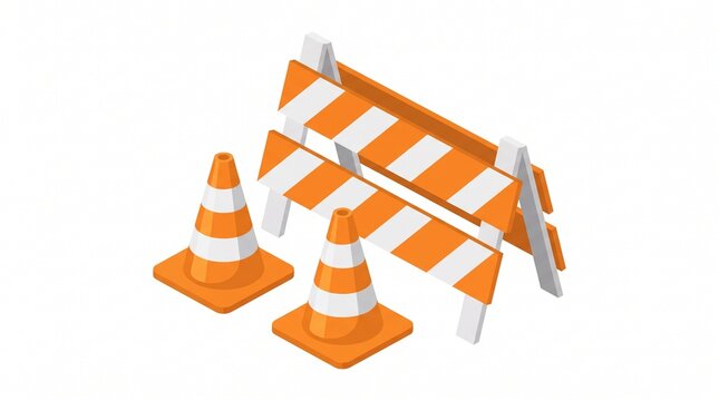 Isometric illustration of orange traffic cones and a striped road barricade
