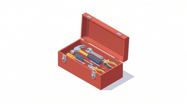 Isometric illustration of an open red metal toolbox filled with construction hand tools