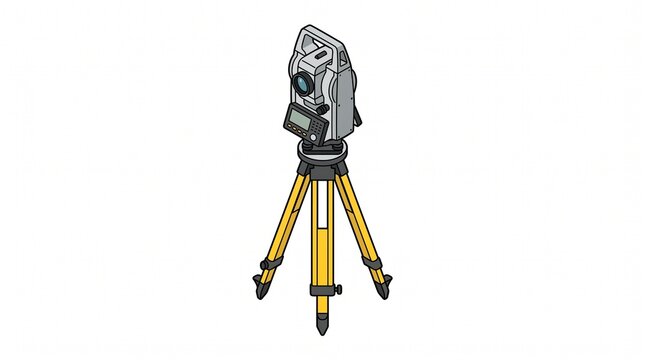 Isometric illustration of a professional theodolite total station on a yellow tripod