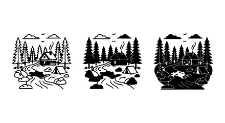 Obraz premium Rustic Cabin Camping Scene, Forest River Landscape, Outdoor Adventure Vector Set