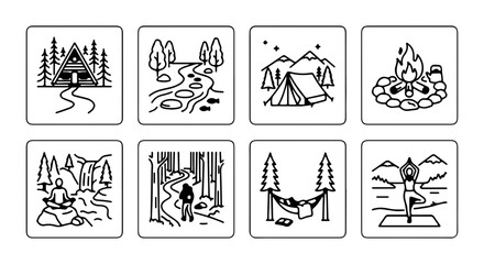 Fototapeta premium Minimalist Outdoor Adventure Icons, Camping & Nature Vector Set, Serene Landscape Graphics