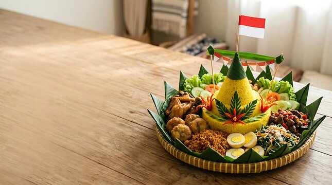 Traditional indonesian yellow rice tumpeng with side dishes on a table