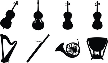Orchestral Musical Instrument Silhouette Collection with Violin Cello Harp Bassoon French Horn and Timpani © Mst