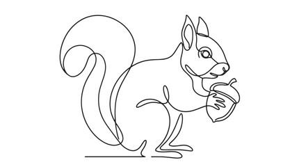 Minimalist squirrel continuous line art, woodland animal holding acorn vector illustration, elegant black ink stroke squirrel drawing isolated on White Background © Iram