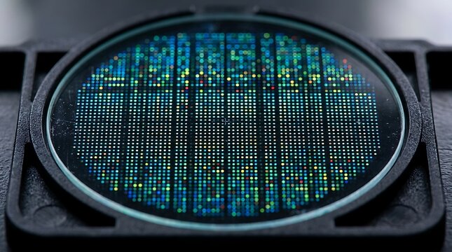 Close up of a dna microarray chip with glowing fluorescent data dots