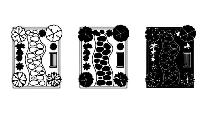 Top-Down Garden Design Vector Set, Landscape Layout Elements, Organic Paths, Trees, Plants, Benches