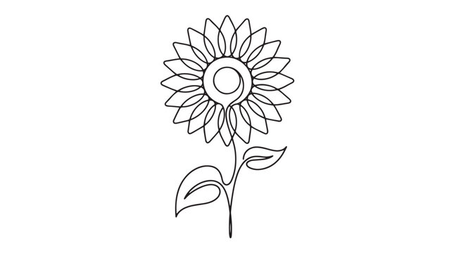Minimalist sunflower line art vector, elegant continuous line drawing of a blooming flower, modern black and white floral botanical illustration isolated on White Background