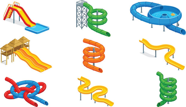 Isometric water park slides collection featuring various colorful tube and open flume designs for summer recreation and amusement parks
