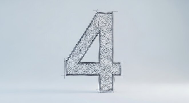A wireframe model of the number four with a geometric pattern