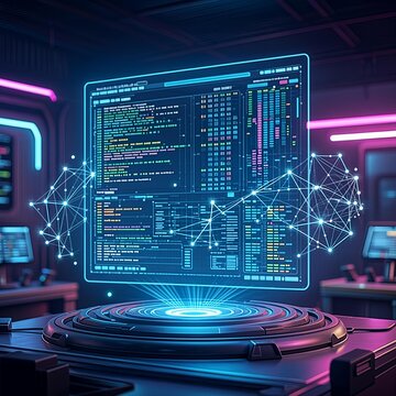 Futuristic Holographic Display Visualizing Program Code and Network Data in a High-Tech Control Room Environment