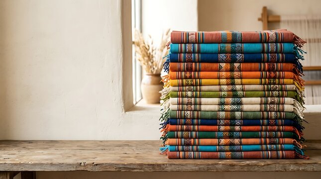 Stack of colorful woven blankets with ethnic patterns