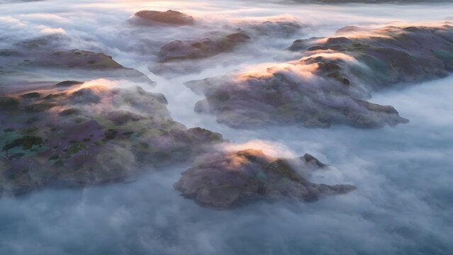 Misty islands at sunrise creating a dreamlike, ethereal landscape shrouded in soft, atmospheric fog
