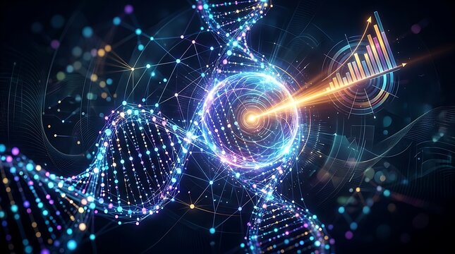Dna helix and rising financial chart showing biotechnology progress