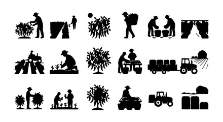 Obraz premium Farm Harvest Icons, Agricultural Labor Silhouettes, Orchard Picking Vector Set