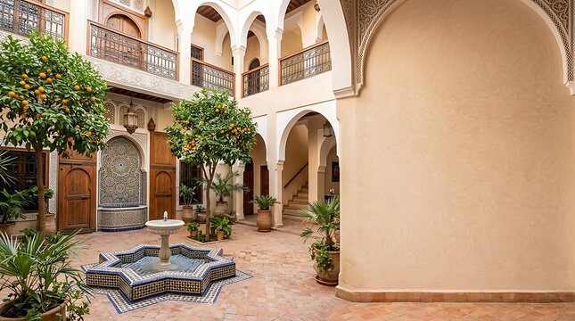 Traditional moroccan riad courtyard with a star shaped fountain
