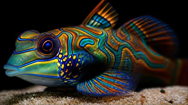 Close-up of a stunningly colorful Mandarin fish on sandy seabed