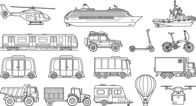 Vector collection of transportation icons featuring marine vessels land vehicles aircraft and industrial machinery for logistics and travel projects