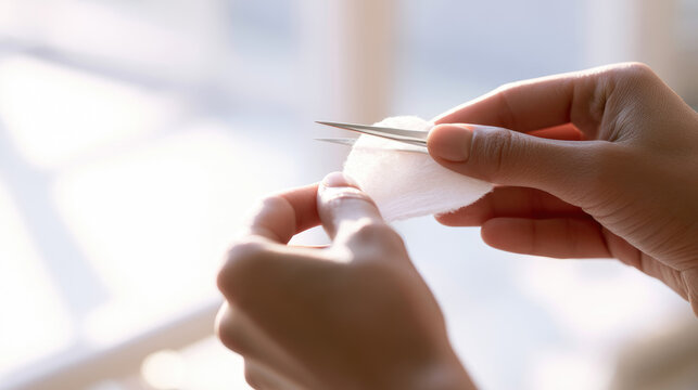Tweezers cotton pad hand skin close up first aid hygiene cleaning silver window light